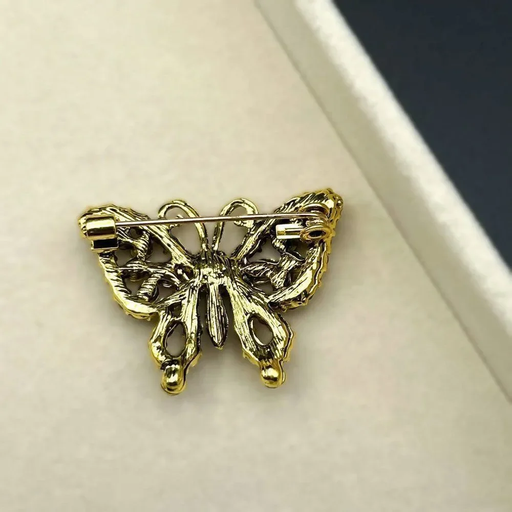Yellow Gold with Champagne Topaz and Multi Crystal Butterfly Pin Back Brooch